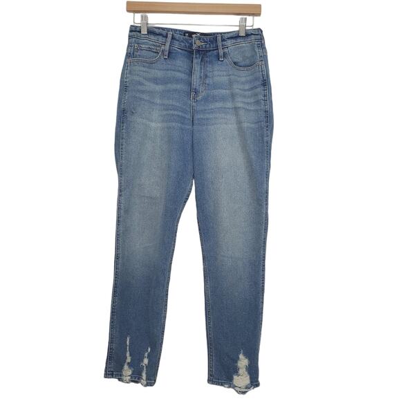 Hollister | High-Rise Distressed Mom Jean in Medium Blue Wash Vintage Stretch - Picture 1 of 10